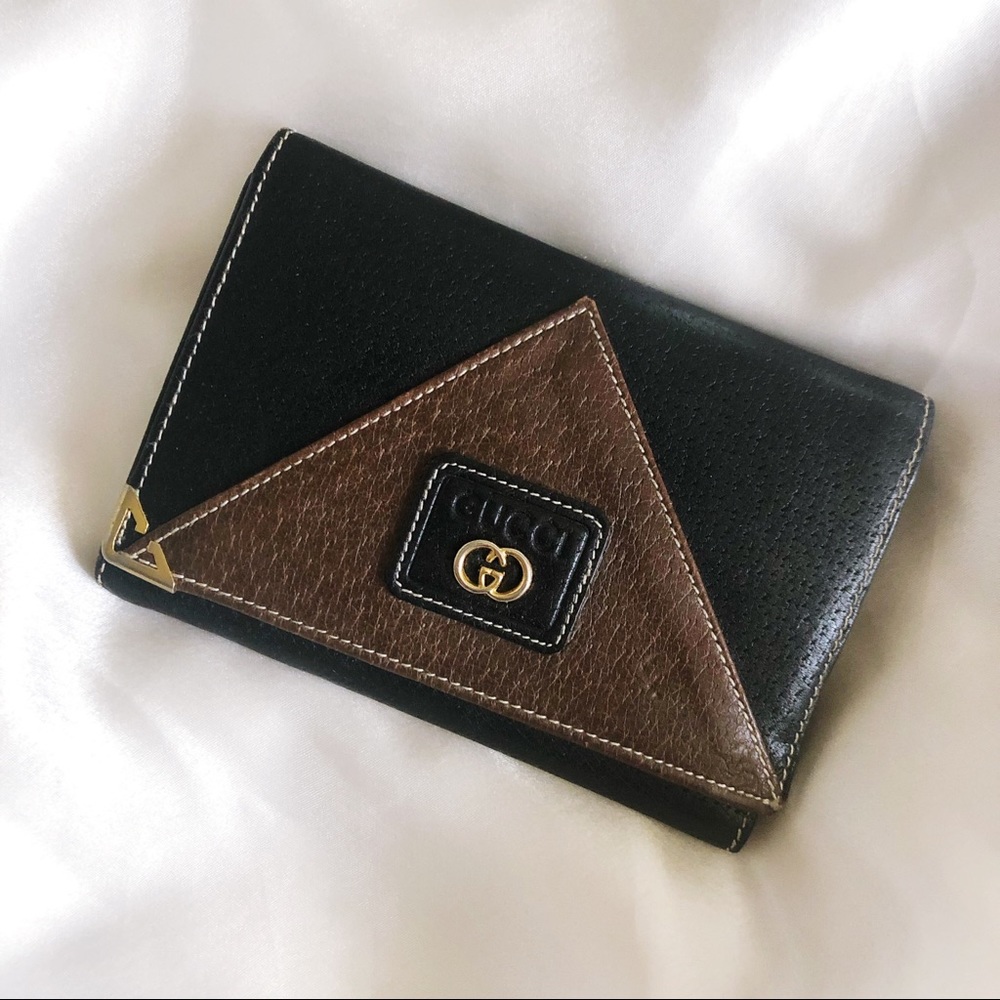 Gucci Black and Brown Leather Continental Wallet with Gold Hardware